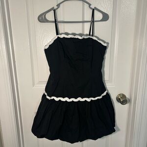 Black Parisian Style Spaghetti Strap Bubble Dress with White ruffle Trim